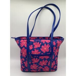 Vera Bradley Art Poppies Purse Blue Pink Flowers Tote Zip Small Trimmed As Is